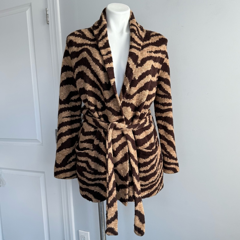 Lauren Ralph Lauren Zebra Print Linen Cotton Belt Cardigan Hand Knit Coatigan M - Picture 16 of 16